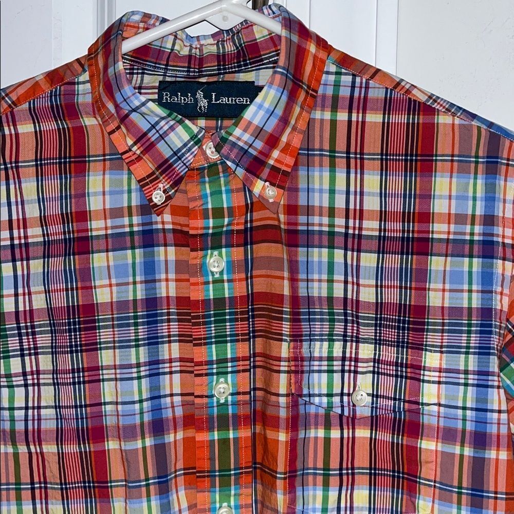 Polo Ralph Lauren Indian madras plaid tartan Clemson Tigers pocket LS shirt M